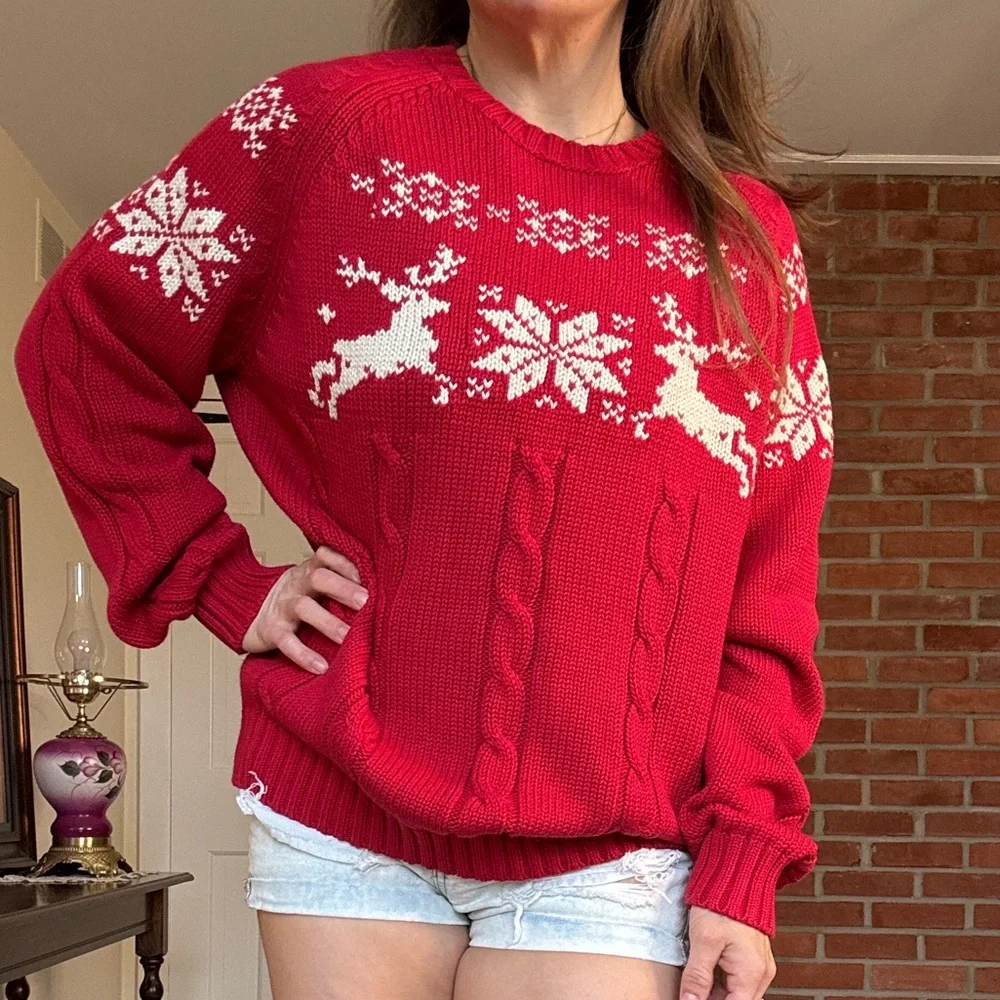 Lands End Red Womens Holiday Cabincore Grandpa Sweater Reindeer Snowflakes - Picture 2 of 9